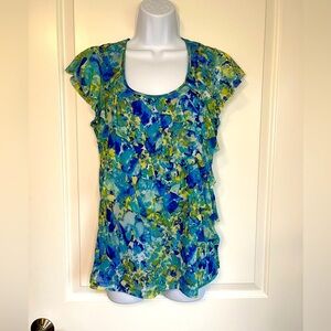 Apt 9 Mesh Overlay Ruffle Layers Front Blue Teal and Green Short Sleeve Top